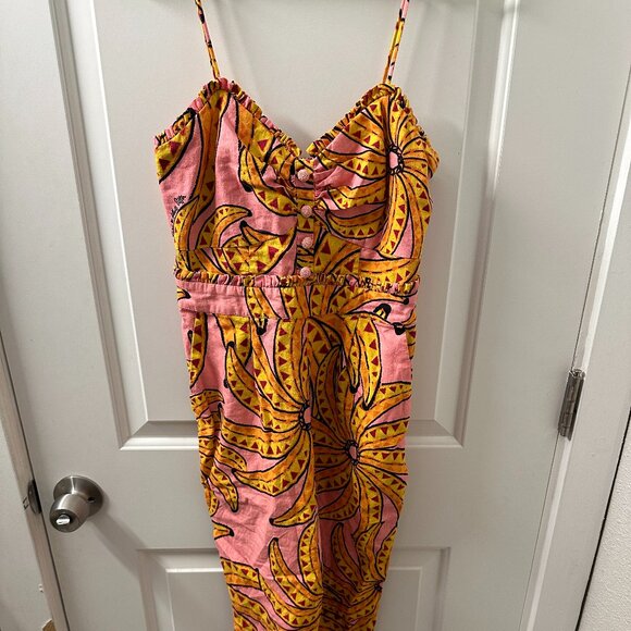 FARM RIO Anthropologie Banana Floral Pink Linen Jumpsuit - Picture 1 of 5